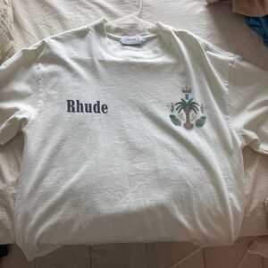 Rhude Cream Tee with Embroidered Palm and Script Logo